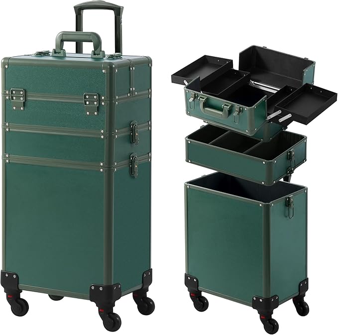 Makeup Train Case, Rolling Makeup Case, 3 in 1 Cosmetology Case on Wheels, Christmas Gift, Large Makeup Case Organizers, Profesional Cosmetic Case for Salon Barber, Green