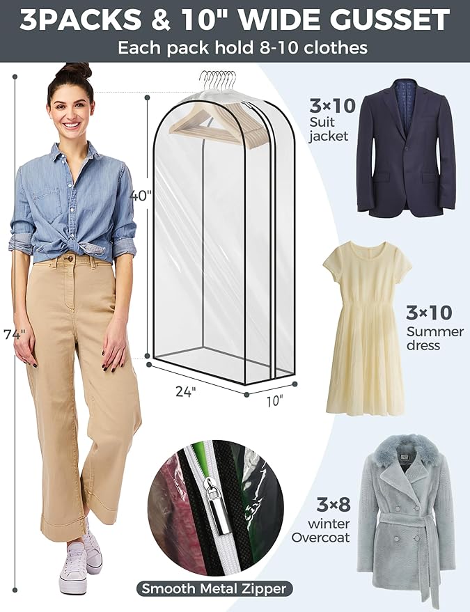 4 pcs 60" Garment Bags for Hanging Clothes, Clear Suit Bags for Closet Storage Clothing Storage, Garment Bags for Travel Covers with 10" Gussets for Coats, Jackets, Shirts and Sweater