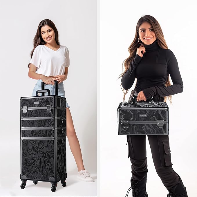 BYOOTIQUE Rolling Makeup Train Case on Wheels 3-Piece Cosmetology Organizer Kit Trolley Organizer Lockable Salon Hairstylist Traveling Cart bag for Nail Slon Esthetician,CTB Black