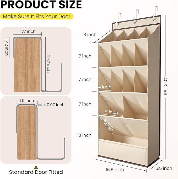 Over the Door Shoe Rack with Large Deep Pockets, Door Shoes Organizer for Closet, Hanging Boots Shoe Rack, Behind the Door Narrow Shoe Holder, Multiple Pockets for Flexible Storage, Beige ﻿