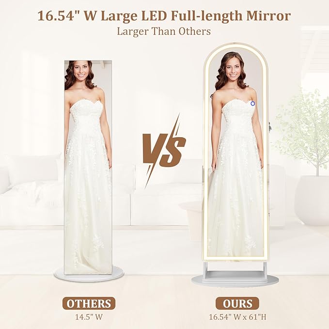LVSOMT LED Mirror Jewelry Cabinet Standing, Lockable Jewelry Armoire with Arched Full-Length Mirror and Adjustable LED Lights, Space-Saving Jewelry Organizer with Mirror(White)