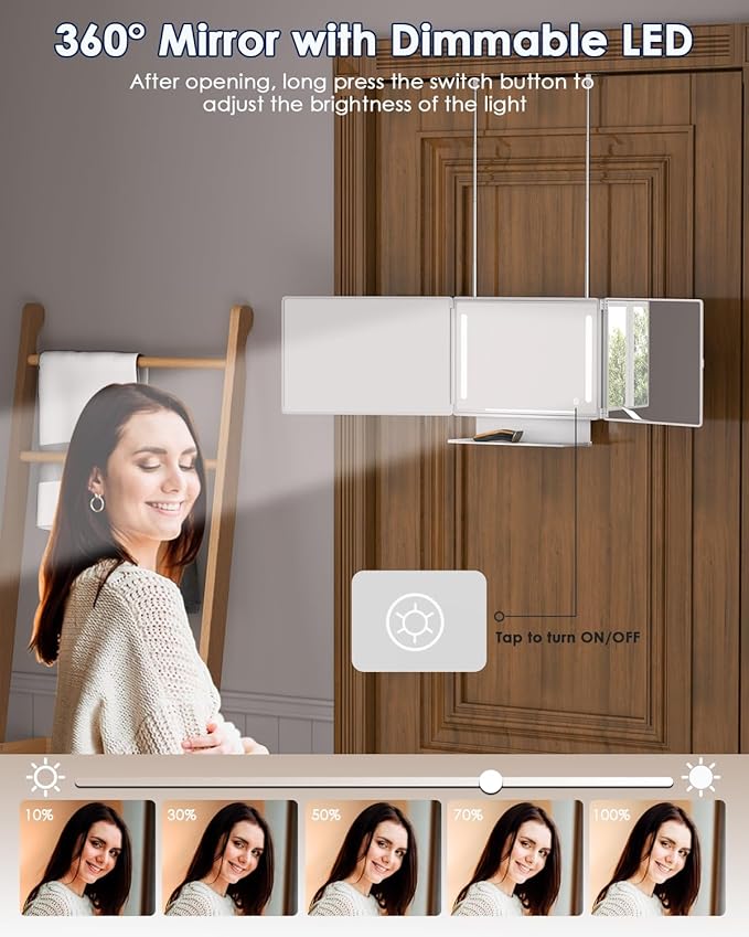 Dripex 3 Way Mirror with Storage Shelf and 3 Color LED Lights, Rechargeable Trifold Self Haircut 360° Mirror with Height Adjustable Hooks, for Makeup, Styling, Shaving, Braiding, Dye Hair (White)