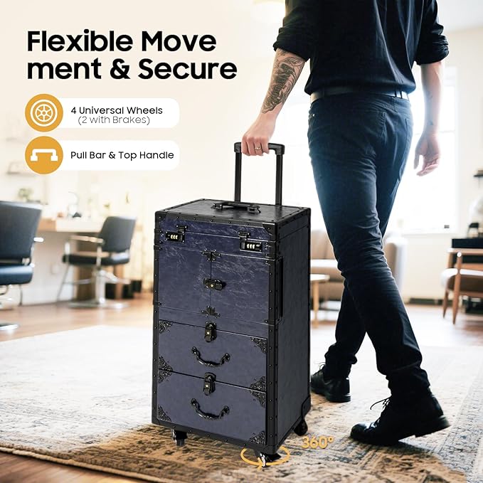 Rolling Makeup Case with Wheels and Locks, Cosmetology Case Makeup Train Case for Salon Barber Large Beauty Salon Luggage Rolling Lockable Makeup Train Extendable Tray Hairdressing (Style 2)