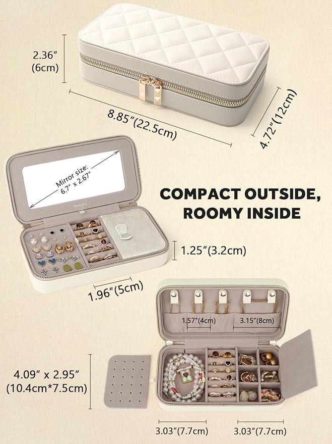 Travel Jewelry Case with Mirror, Quilted Small Jewelry Box Organizer for Women Girls, Portable Earring Necklace Bracelet Ring Holder Storage for Travel, Gifts for Her (Beige)