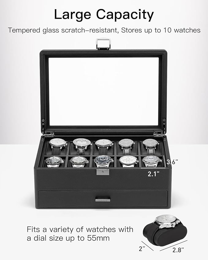 Vlando Watch Box 10 Slots, Lockable Watch Case with Textured Leather, 2 Layer Watch Holder for Rings, Glasses, Mens Jewelry Box with Glass Lid, Removable Divider, Gifts for Father, Husband, Black