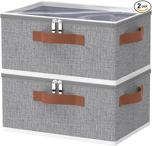 OUTBROS Fabric Storage Bins with Lid, Wardrobe Organiser with Handle and Zipper, Used for storing clothes, blankets, pillows, Foldable Bags, 15 x 10.2 x 5.9 inch, 2-Pack