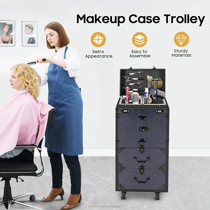Rolling Makeup Case Large Storage Cosmetic Trolley, Rolling Lockable Makeup Train Case, Stylist Beauty Salon Cosmetic Luggage Travel Organizer Tool Box with Hair Dryer Holder (Blue)