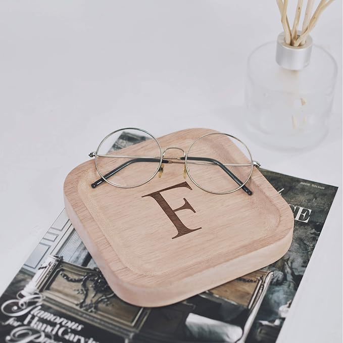 I'm Wooden Personalized Letter Catchall Valet Tray Trinket Dish Jewelry Tray Key Bowl Decorative Plate Organizing Ring Earrings Necklaces Bracelet Watch Coins Wallet Holder (6"x6" Sq Natural F)