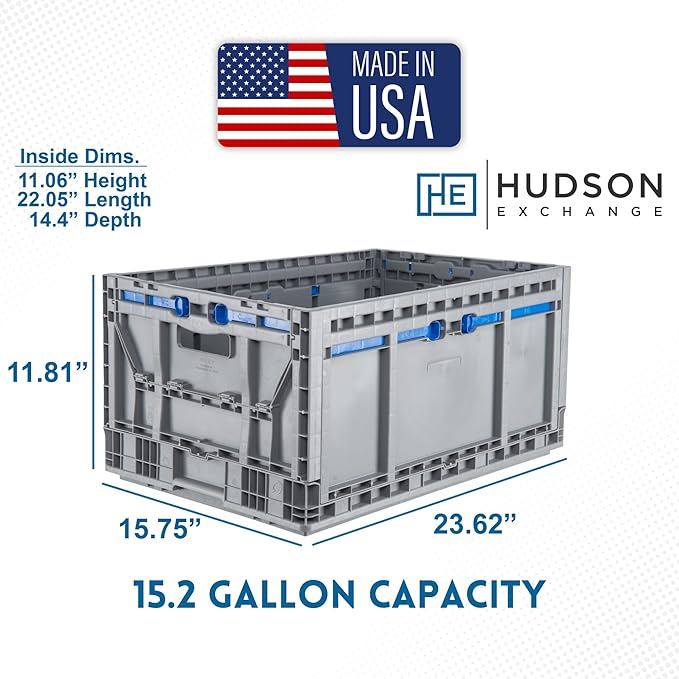 Hudson Exchange 23.62 x 15.75 x 11.81" (15.2 Gallon, 3 Pack) Collapsible Straight Wall Handled Storage Container Tote, Gray