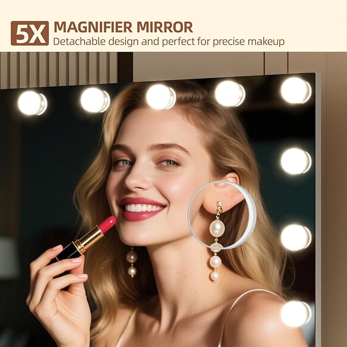 Vanity Mirror with Lights, Makeup Mirror with USB/Type-C Charging, Large Hollywood Mirrors w/ 15 LED Bulbs & 5X Magnifier, LED Mirrors for Bedroom Tabletop & Wall Mounted