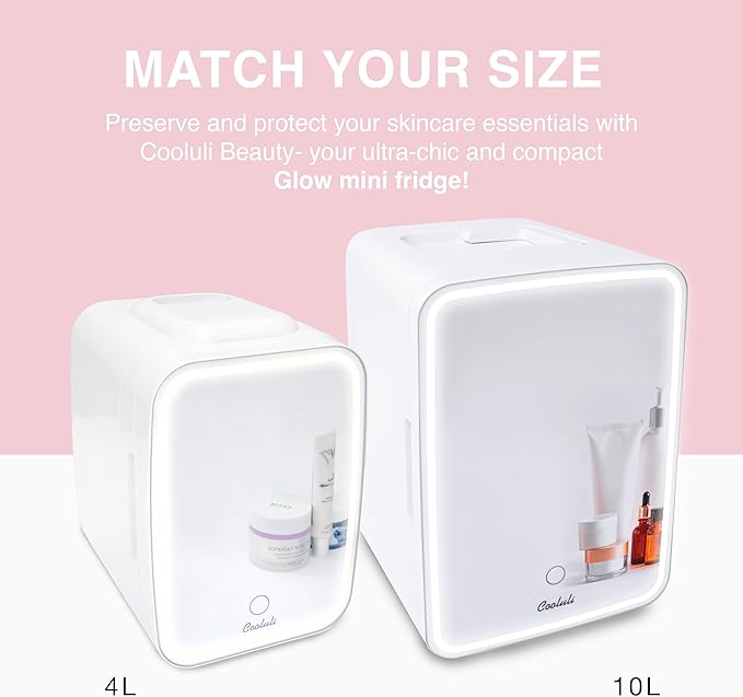 Cooluli Glow 4L Mini Skincare Fridge with Mirror & LED Light - Small Refrigerator for Skin Care, Beauty, Makeup, Cosmetics, Food & Drinks, White