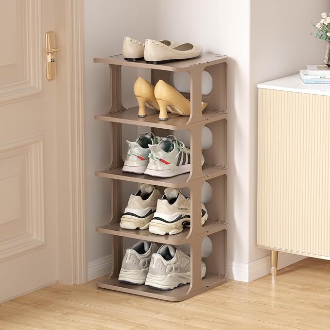HAIXIN Small Shoe Rack for Closet, 5-Tier Stackable Shoe Organizer for Front Door Entrance, Plastic Vertical Shoe Cubby - Khaki