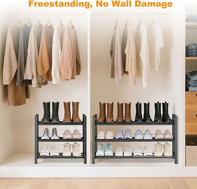 3-Tier Expandable Shoe Rack – Adjustable Heavy-Duty Metal Shoe Organizer Shelf for Closet, Entryway, Mudroom & Garage – Durable Freestanding Storage, Black