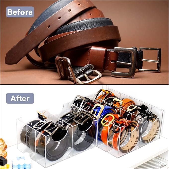 Belt Organizer, Acrylic Belt Storage Holder for Closet and Drawer, 14 Compartments Belt Container for Checkroom, Clear Belt Divider Display Case