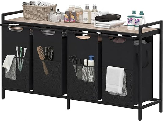 Heybly Laundry Hampers, 4 × 15Gal (228 L) Laundry Basket with Large Desktop Sorter for Laundry Room organization, Bathroom and Dorm Laundry Bags on Storage Shelf, Greige HLH004SG