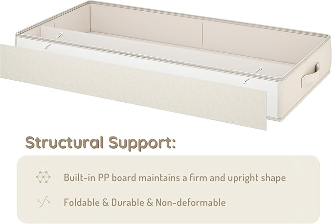 Vailando Side-Supported Under Bed Storage Containers, 6 Inches Tall 60L Underbed Storage Bins with Sturdy Handles and Sidewalls, Closet Organizer for Clothes, Blankets, Seasonal Items, Beige, 2-Pack