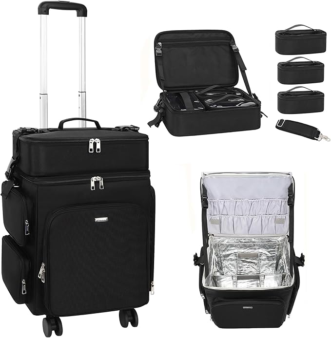 Relavel Rolling Makeup Case, 2 in 1 Hairstylist Traveling Bag Cosmetology Case on Wheels Large Hair Tools Cosmetics Train Case Makeup Artist Storage Organizer Trolley Suitcase with 360° Swivel Wheels