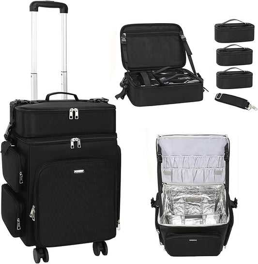 Relavel Rolling Makeup Case, 2 in 1 Hairstylist Traveling Bag Cosmetology Case on Wheels Large Hair Tools Cosmetics Train Case Makeup Artist Storage Organizer Trolley Suitcase with 360° Swivel Wheels