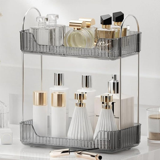 YCIA&DONE Bathroom Organizer Countertop, Makeup Storage, Skincare Cosmetic Tray Shelf, Perfume Holder Rack for Vanity Counter, Large Capacity, Easy to Install, Clean, 2 Tiers, Smoky Gray