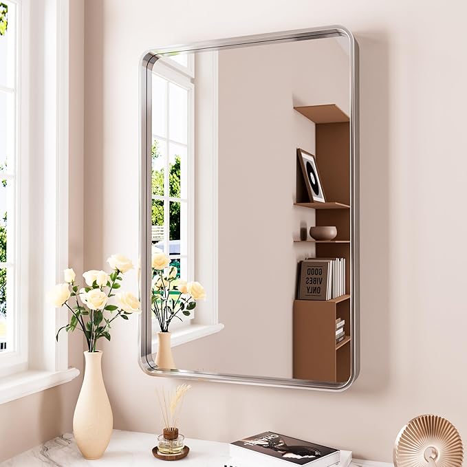 Brushed Nickel Bathroom Mirror 24x32 Inch, Brushed Silver Metal Frame Mirror Wall Mounted, Rounded Rectangle Bathroom Vanity Mirror, Tempered Glass, Anti-Rust, Horizontal/Vertical