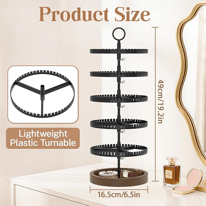 iDavosic.ly 5 Tier Rotating Earring Holder Organizer with Wooden Tray, Large Dangle Display Stands Tree with 285 Plastic Grooves, Adjustable Hoop Storage Rack, Space Saving Tower, Black & Brown