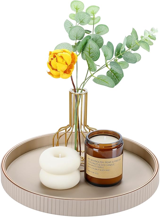 GORESE 12" Round Decorative Tray for Coffee Table, PU Leather Compact Serving Tray for Home Decor & Everyday Accents, Modern Nightstand Tray for Jewelry & Perfume, Beige