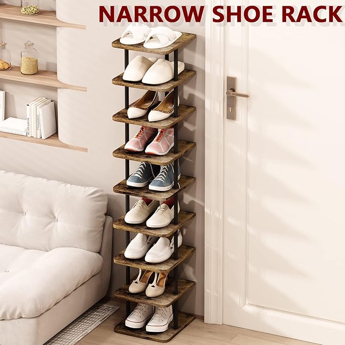 AZERPIAN Shoe Rack 9 Tier Vertical Storage Organizer Narrow Metal Slim Shelf Modern Free Standing Shoe Tower Saving Space for Closet Entryway Bedroom,Black+Rustic Brown