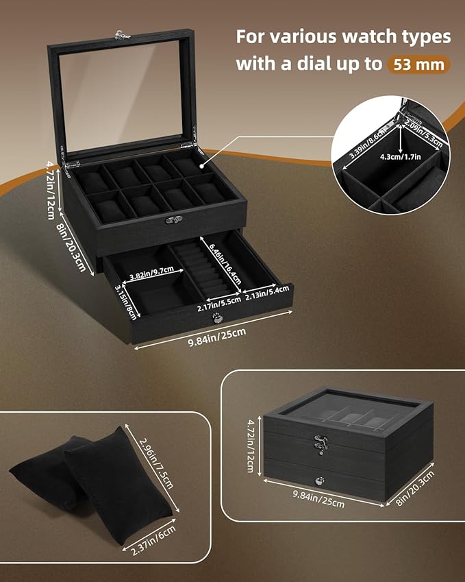 Uten 8-Slot Watch Box, 2-Layers Solid Wood Watch Display Case with Glass Lid, Watch Holder Organizer with Soft Pillow and Velvet Lining, Watch and Jewelry Storage Box, Black