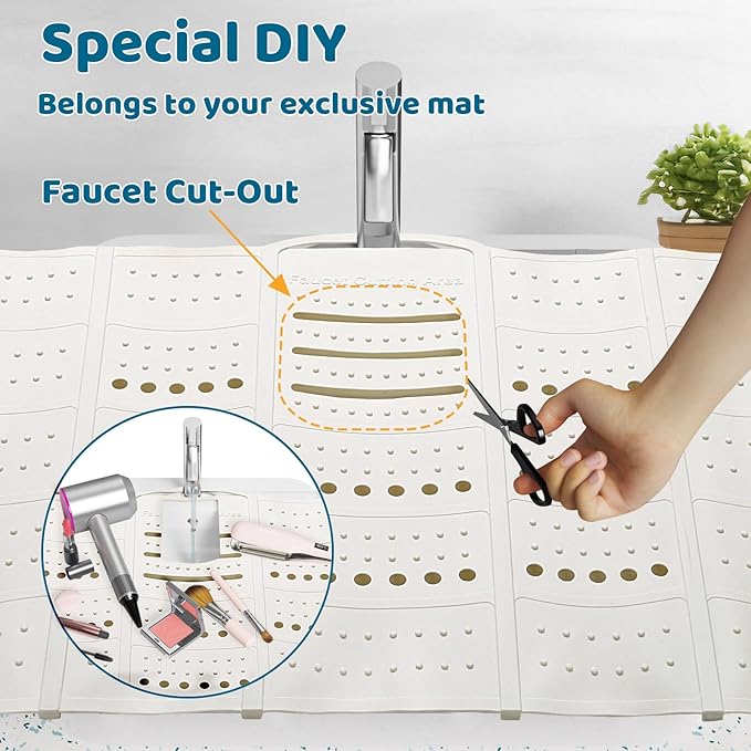 Bathroom Sink Cover for Counter Space, Foldable Silicone Sink Mat Makeup Organizer Mat Space Saver, Women’s Gifts for Christmas RV Camper Travel Must Haves Accessories - Large, Pearl