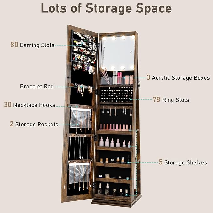 CHARMAID Swivel Jewelry Armoire with Full-Length Mirror & Lighted Makeup Mirror, 360° Rotating Jewelry Cabinet Organizer for Earrings, Rings, Necklaces, Bracelets, Back Storage Shelves (Rustic Brown)