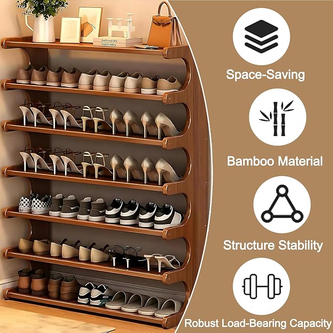 7-Tier Vertical Shoe Rack, Bamboo Free Standing Shoe Rack Shelf, Shoe Storage Stand, Entryway Shoe Tower, Vertical Shoe Organizer for Narrow Closet, Entryway, Hallway