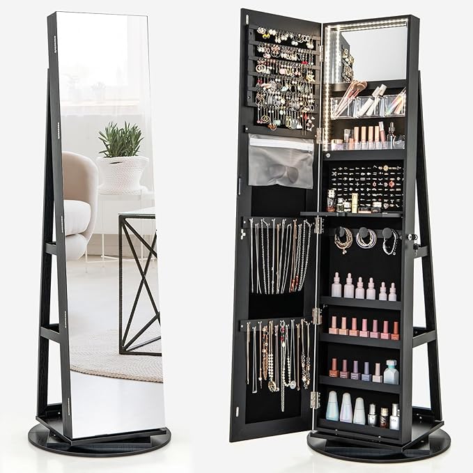 Mirror Jewelry Cabinet Standing with Full Length Mirror, 360° Swivel Jewelry Armoire with 3-Color LED Lights & Foldable Makeup Shelf, Lockable Organizer for Women, Space-Saving (Black)