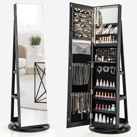 Mirror Jewelry Cabinet Standing with Full Length Mirror, 360° Swivel Jewelry Armoire with 3-Color LED Lights & Foldable Makeup Shelf, Lockable Organizer for Women, Space-Saving (Black)