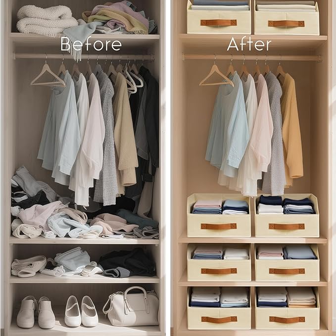 Fabric Storage Bins for Organizing - 12 Pack Large Trapezoid Collapsible Storage Bins with Front Handle, Closet Organizers and Storage for Bedroom, Home Shelves, Small Spaces, Beige