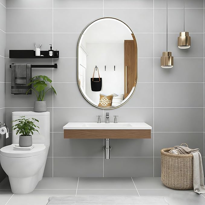 POZINO Oval Mirror Over Sink, Brushed Gold Beveled Bathroom Mirror, 22"x30" Vanity Wall Mirrors with Stainless Steel Frame, Brass Modern Rounded Mirrors for Bedroom Living Room Entryway