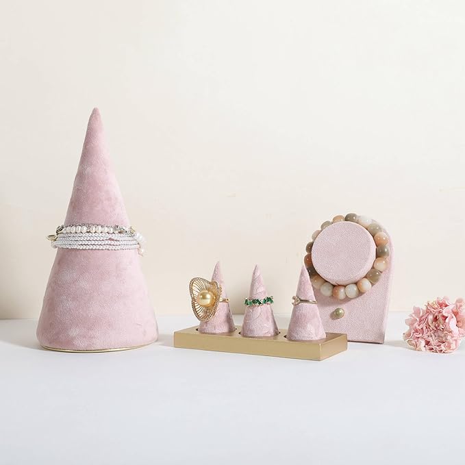 GemeShou pink jewelry ring display holder for selling, velvet ring cone display stand, cute cone shaped ring holder with golden coated base,Small jewelry ring storage organizer【Ring holder-pink】