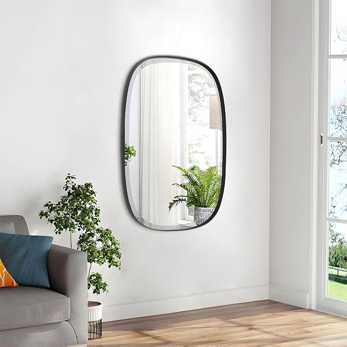 POZINO Oval Beveled Mirror Over Sink, 20"x30" Black Rectangle Mirror for Bathroom, Modern Oblong Vanity Wall Mirrors in Premium Stainless Steel Frame, Wall Mount Hangs Horizontal Or Vertical