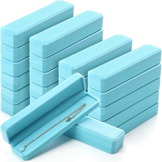 Batiyeer 24 Pcs Velvet Bracelet Box Bulk Jewelry Chain Necklace Box Bracelet Storage Case Long Jewelry Case for Valentine Wedding Pendant Display, 8.86 x 2.13 x 1.38 Inch(Light Blue)