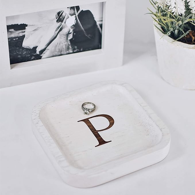 I'm Wooden Personalized Letter Catchall Valet Tray Trinket Dish Jewelry Tray Key Bowl Decorative Plate Organizing Ring Earrings Necklaces Bracelet Watch Coins Wallet Holder (6"x6" Sq White P)