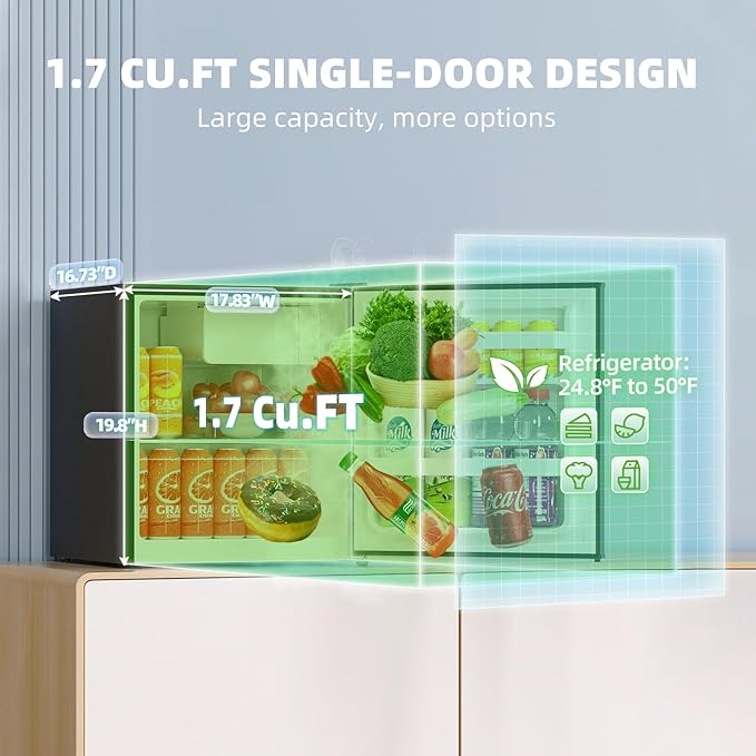 Frestec 1.7 Cu.Ft Mini Fridge with Freezer, Mini Fridge for Bedroom, Small Refrigerator, Dorm Refrigerators with Freezer, Compact Refrigerator for Office, Apartment, Dorm, Bedroom (Black)