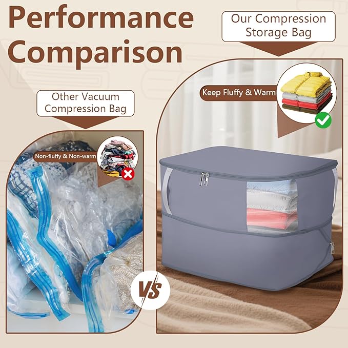 Comforter Storage Bag, Large Capacity Blanket Storage Bags with Visual Window, Ultra Space Saving Self Compression Organizer, Washable Compression Bag for Down Jacket, Pillow, Bedding, 2-Pack 40L Gray