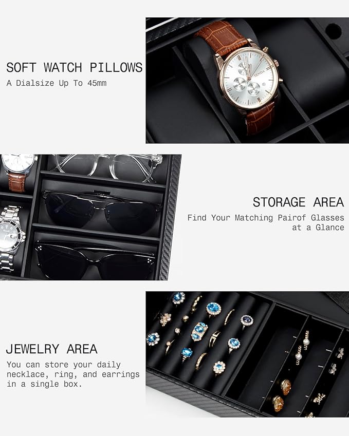 GUKA Watch box, 6 Slot Watch Case, 3 Slot Sunglass Organizer, Watch Cases for men with Real Glass Lid, Watch Organizer storage with Jewelry Case, Birthday for Men and Women, Black