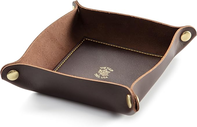 USA Handmade Premium Leather Valet Tray, Folds Flat! Dice Rolling Basket and Organizer with Brass Rivets (Brown Gold, Medium)