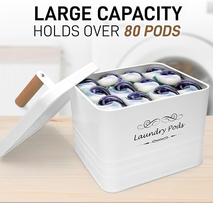 ELITAPRO Laundry Pods Container, Modern Farmhouse Laundry Pods Holder, Metal Box Dispenser with Lid, Laundry Room Decor and Accessories