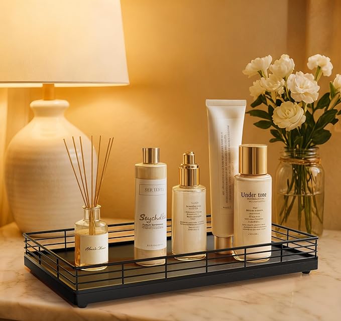 Large Bathroom Vanity Tray – 13" x 8" Oak Decorative Wooden Tray for Bathroom Countertop & Vanity Organizer, Rectangular Wood Tray for Perfume, Skincare, Storage, Vanity Dresser Counter Decor, Black