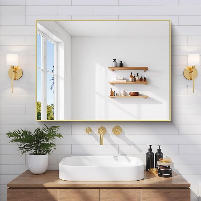Gold Bathroom Mirror for Wall, 24x32 Inch Rectangle Mirror with Metal Frame, Modern Vanity Mirrors for Bathroom Living Room, Entryway Hangs Horizontal or Vertical