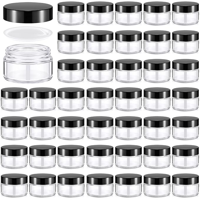 Domensi 60 Pcs 1oz Glass Jars with Lids Bulk Salve Tins Winter Cream Container Small Glass Candle Cosmetic Jars for Travel Lip Balm with Inner Liners for Lotion Sample Cream(Clear, Black Lid)
