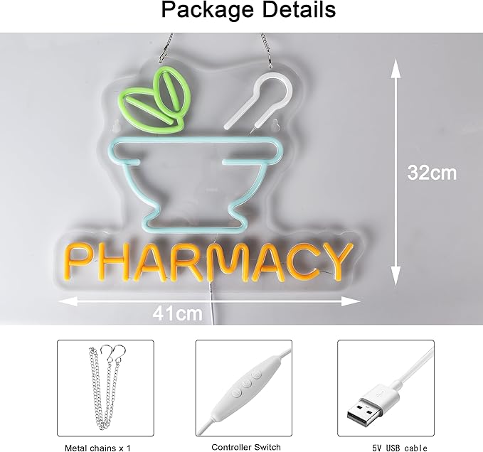 Pharmacy Neon Sign Led Neon Lights for Business Medicine Shop RX Drug Store Wall Decor Ultra Bright Dimmable Neon Billboard Grand Opening Gift, USB Powered, 16.1" x 12.6"