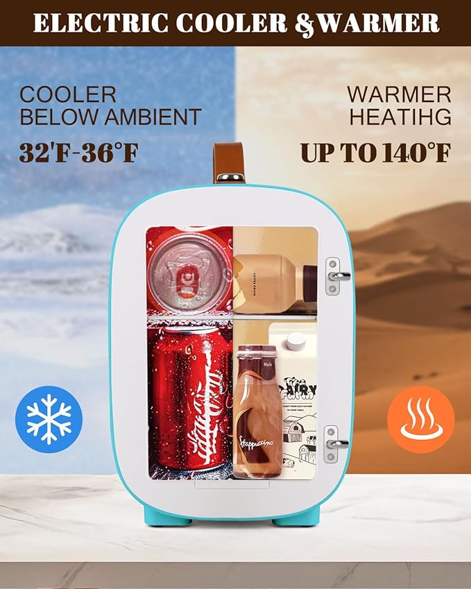 Mini Fridge for Bedroom, 4 Liter/6 Cans Skincare Small Refrigerator, AC/DC Portable Mini Cooler & Warmer, Small Fridge for Camping, Dorm, Office, Car (Blue)
