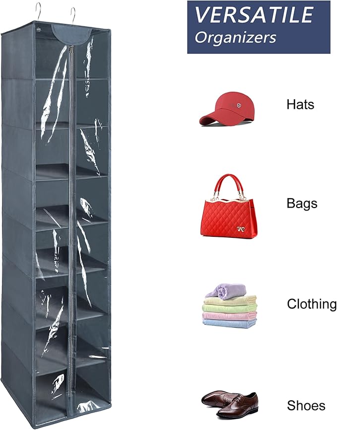 Libeder Hanging Closet Organizer, 8-Shelf Wardrobe Clothes Storage Organizer with Zipper,Hanging Shelves for Sweater,Shoes,Purse,Hats,Gray